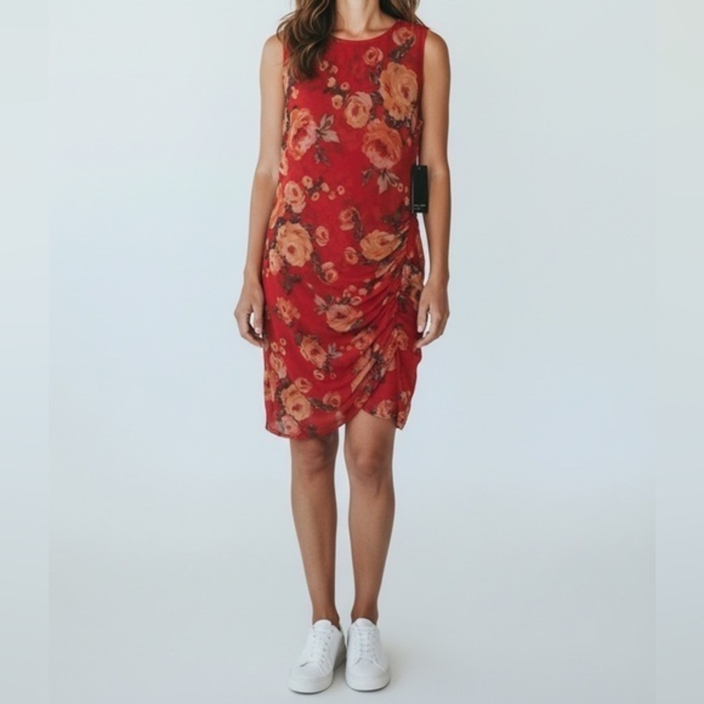Floral Sheer Overlay Sleeveless Ruched Hem Slip Dress - Picture 1 of 7